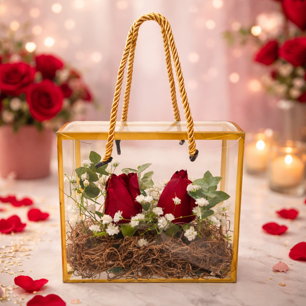 Plexi Box με Δύο Τριαντάφυλλα | Ρομαντική Floral Σύνθεση